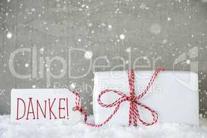 Gift, Cement Background With Snowflakes, Danke Means Thank You