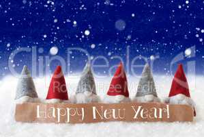 Gnomes, Blue Background, Snowflakes, Text Happy New Year