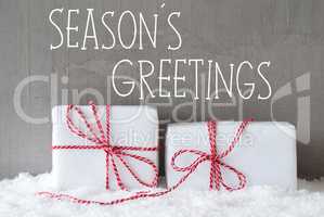 Two Gifts With Snow, Text Seasons Greetings