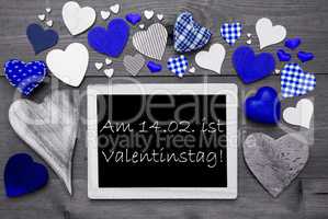 Chalkbord With Many Blue Hearts, Valentinstag Means Valentines Day