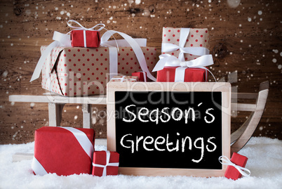 Sleigh With Gifts, Snow, Snowflakes, Text Seasons Greetings