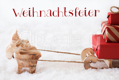 Reindeer With Sled On Snow, Weihnachtsfeier Means Christmas Party