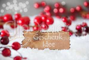 Burnt Label, Snow, Bokeh, Text Geschenk Idee Means Gift Idea