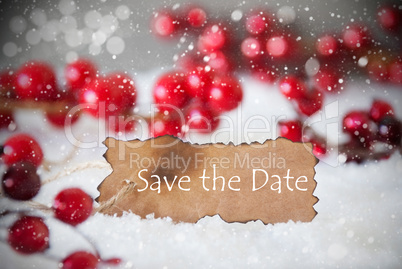 Burnt Label, Snow, Snowflakes, English Text Save The Date