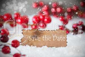 Burnt Label, Snow, Snowflakes, English Text Save The Date