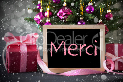Tree With Gifts, Snowflakes, Bokeh, Merci Means Thank You