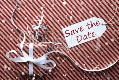 Gifts With Label, Snowflakes, English Text Save The Date