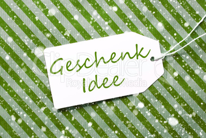 Label, Green Wrapping Paper, Geschenk Idee Means Gift Idea, Snowflakes