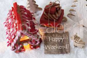 Gingerbread House, Sled, Snow, Text Happy Weekend