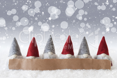 Gnomes, Silver Background, Bokeh, Snowflakes, Copy Space