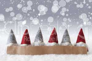 Gnomes, Silver Background, Bokeh, Snowflakes, Copy Space