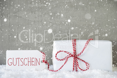 Gift, Cement Background With Snowflakes, Gutschein Means Voucher