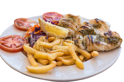 Gegrillter Tintenfisch mit Pommes frittes