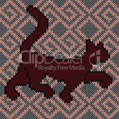 Knitting fabric seamless pattern with red rambling cat