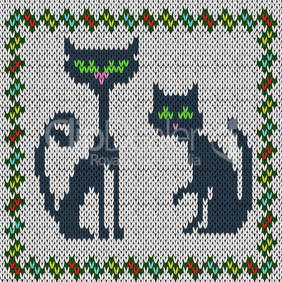 Knitting fabric pattern with two grey cats
