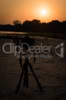 Camera on tripod beside river at sunset