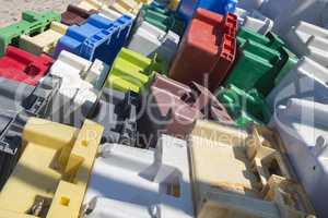 Colourful collection of old plastic crates.