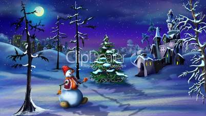 Snowman and Christmas Tree near a Magic Castle