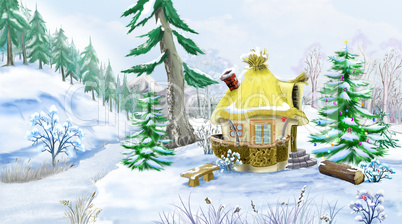 Fairy Tale House in a Winter Forest at  Christmas Eve