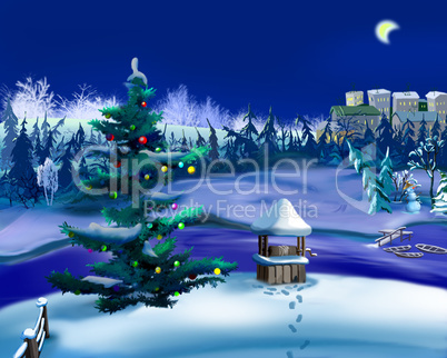 Christmas Tree in a Winter Night. New Year Scene