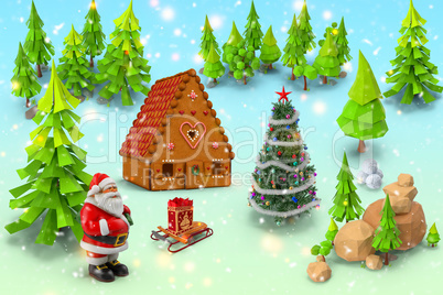 Santa Claus with gifts in the forest. 3D rendering.