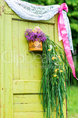 Wooden doors decorated with flowers