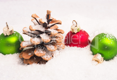 Vintage Christmas baubles in snow