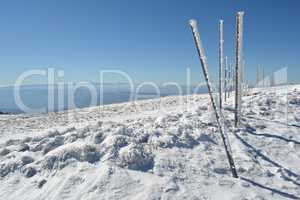 Iron and wooden pillars in winter