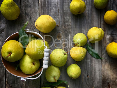 Ripe yellow pear on a gray wooden surface and iron bucket