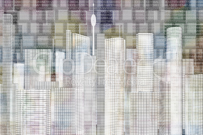 Background with big city and numbers, 3d illustration