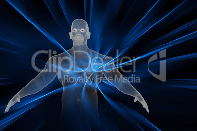 Human figure from wireframe with lightning flash, 3d-illustration