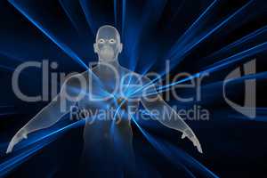 Human figure from wireframe with lightning flash, 3d-illustration