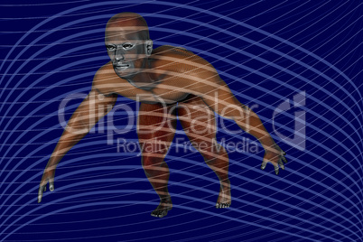 Human figure with wire mesh at start and background, 3d illustration
