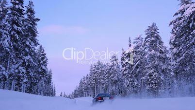 Lone Car on a Winter Forest Road