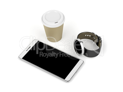 Smartphone, smartwatch and coffee cup