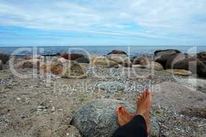 sea, boulders, stones, sand, feet