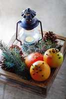 Christmas grapefruits in wooden box