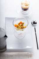 Homemade yogurt with dried apricots and coffee