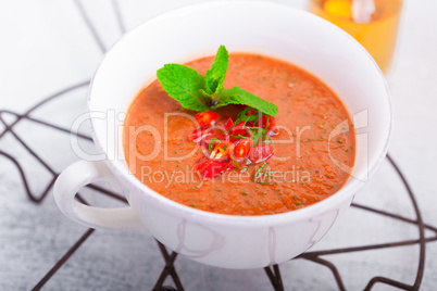 Bowl of fresh tomato soup gazpacho