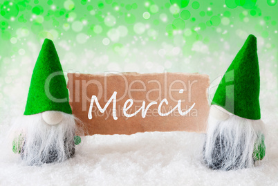 Green Natural Gnomes With Card, Merci Means Thank You