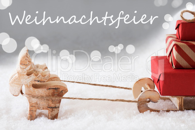 Reindeer With Sled, Silver Background, Weihnachtsfeier Means Christmas Party