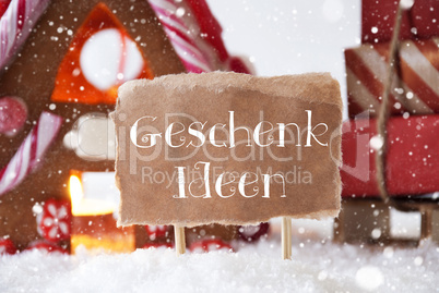 Gingerbread House With Sled, Snowflakes, Geschenk Ideen Means Gift Ideas