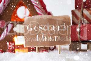Gingerbread House With Sled, Snowflakes, Geschenk Ideen Means Gift Ideas