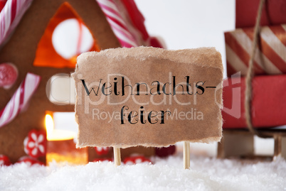 Gingerbread House With Sled, Weihnachtsfeier Means Christmas Party