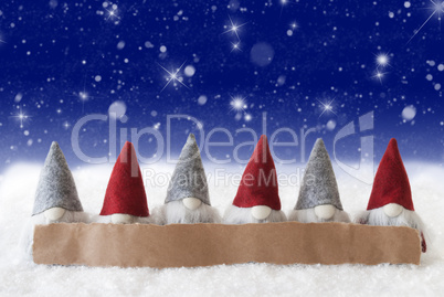 Gnomes, Blue Background, Stars, Snowflakes, Copy Space