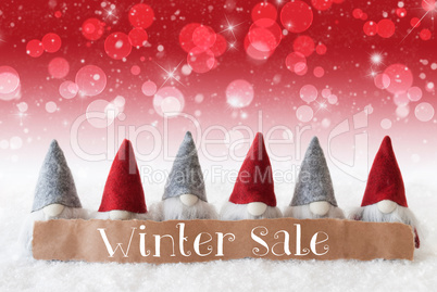 Gnomes, Red Background, Bokeh, Stars, Text Winter Sale