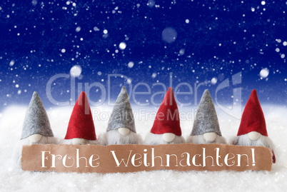 Gnomes, Blue Background, Snowflakes, Frohe Weihnachten Means Merry Christmas