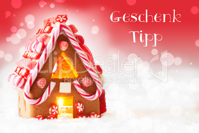 Gingerbread House, Red Background, Geschenk Tipp Means Gift Tip