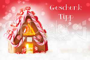 Gingerbread House, Red Background, Geschenk Tipp Means Gift Tip