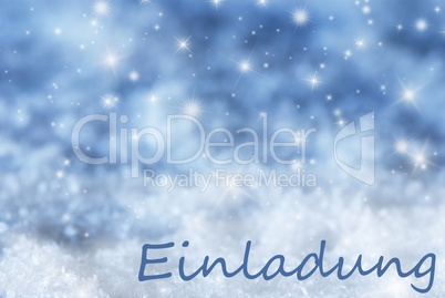 Blue Sparkling Christmas Background, Snow, Einladung Means Invitation